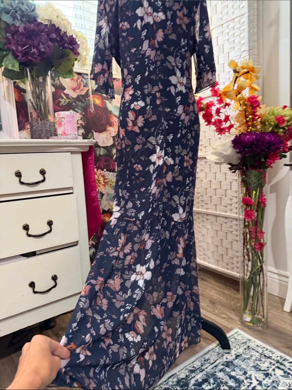 Floral V-Neck Navy Maxi Dress